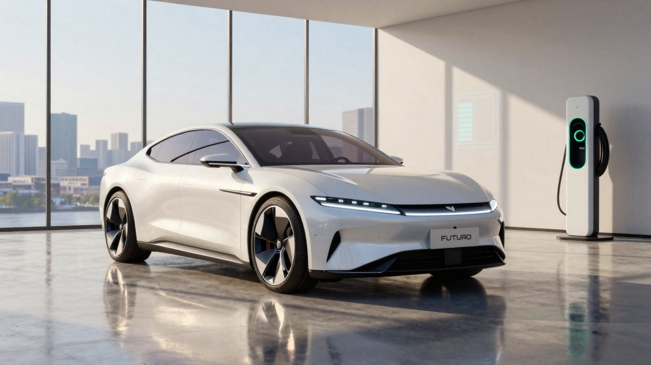 Carro elétrico branco estacionado em garagem moderna com estação de recarga ao fundo e vista de prédios da cidade.