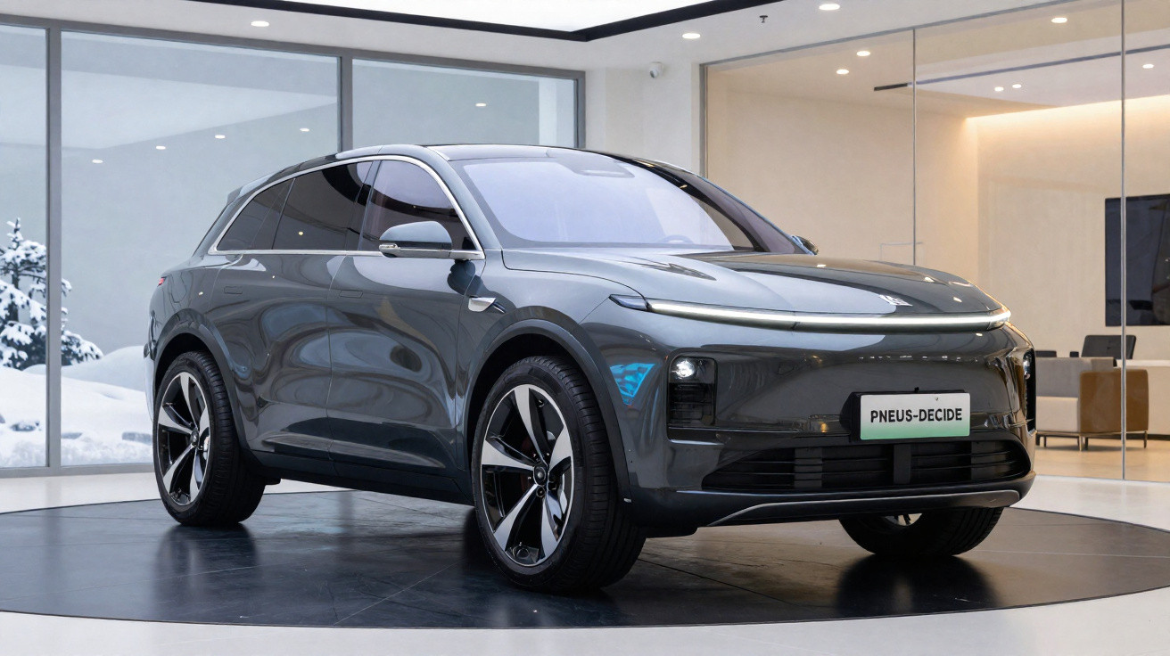 Carro SUV elétrico cinza exibido em showroom moderno com grandes janelas e neve do lado de fora.