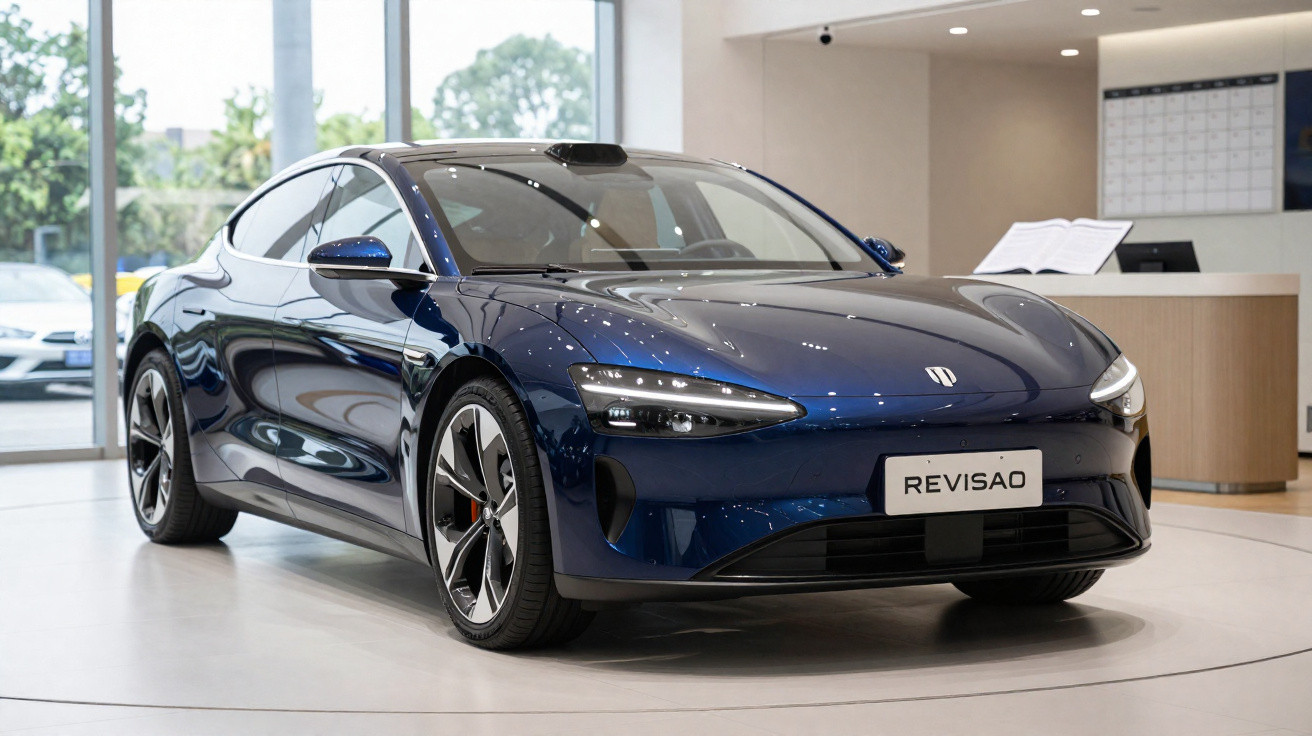 Carro elétrico azul escuro em exposição interna com placa escrita "REVISÃO".