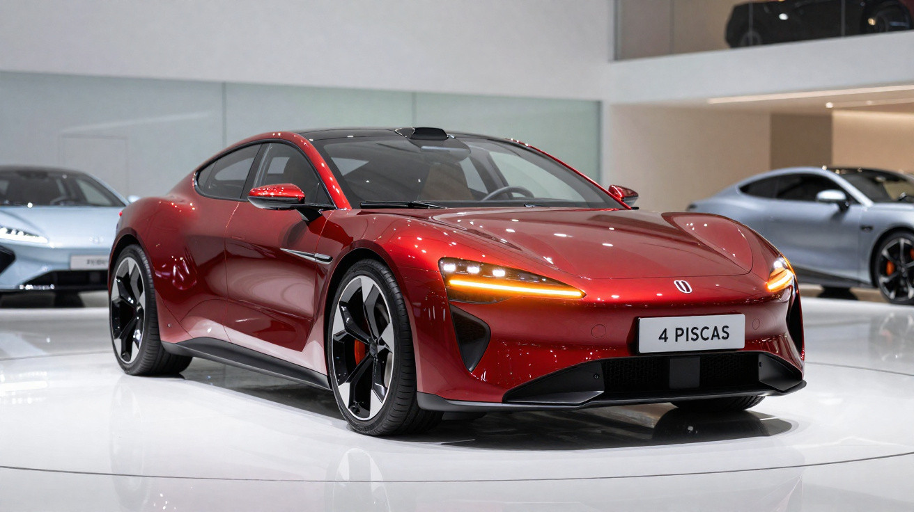 Carro esportivo vermelho com faróis acesos e placa personalizada “4 PISCAS” em showroom moderno.