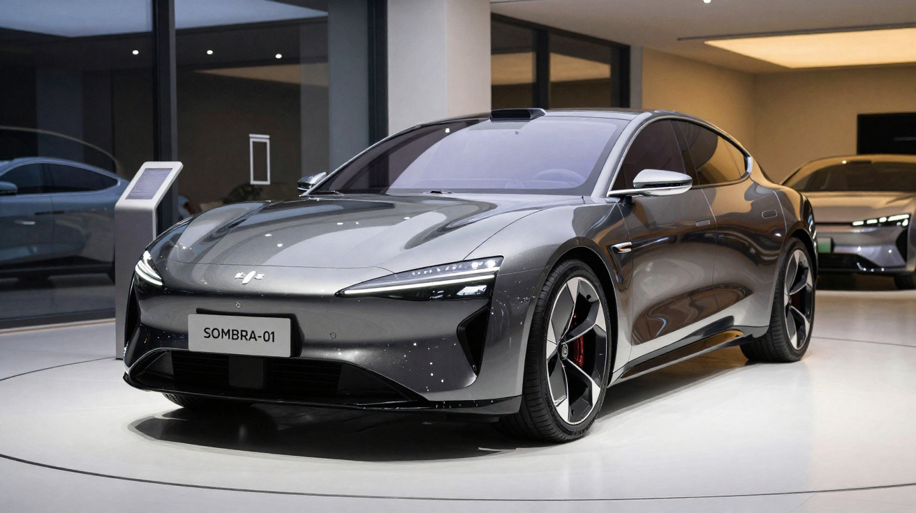 Carro elétrico cinza escuro modelo Sombra-01 exibido em ambiente moderno e iluminado.