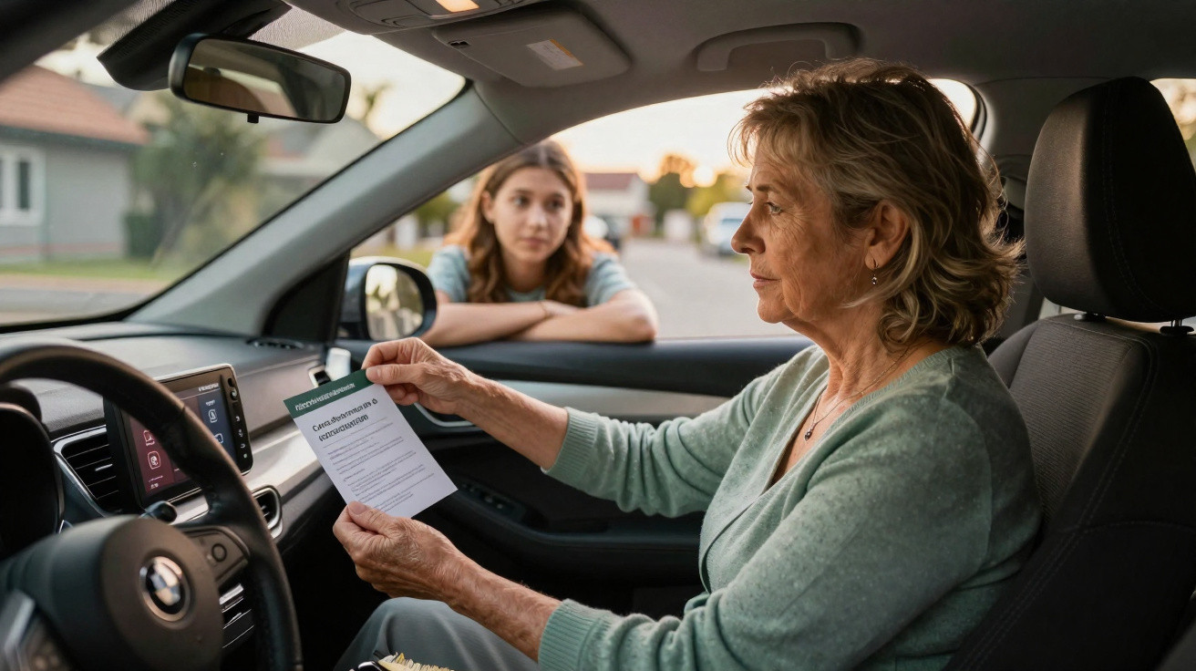 Mulher mais velha sentada no carro lendo um folheto enquanto jovem espera encostada na janela do carro.