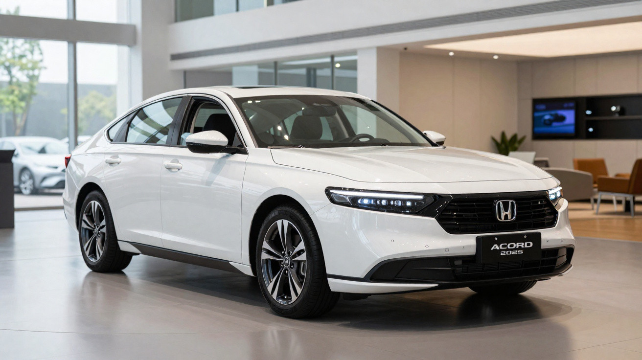 Carro Honda Accord 2025 branco em exposição dentro de showroom moderno e iluminado.