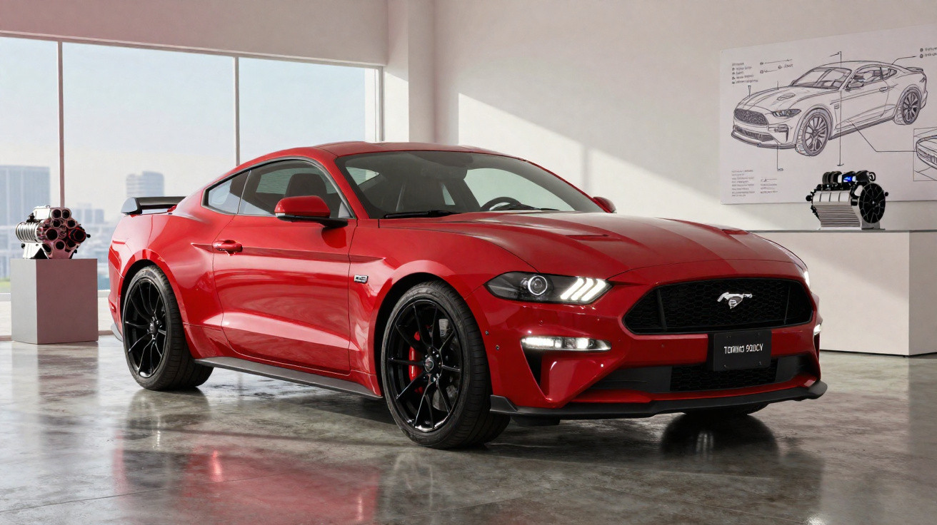Carro esportivo vermelho Ford Mustang GT estacionado em ambiente interno com motor e planta técnica ao fundo.
