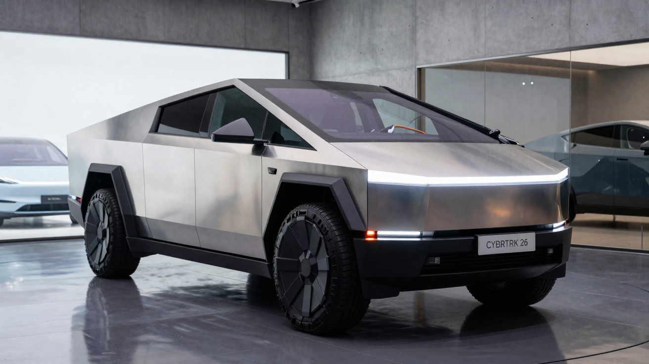 Picape elétrica Tesla Cybertruck prateada com design futurista em exposição interna.