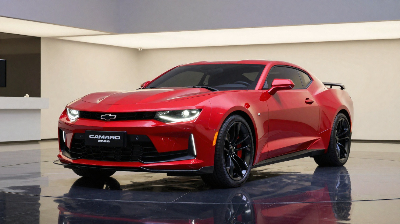 Carro esportivo vermelho Chevrolet Camaro 2026 em ambiente interno com teto branco e piso refletivo.