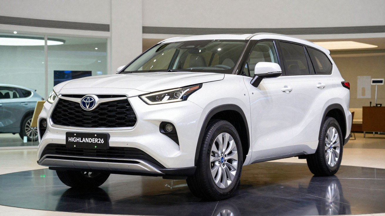 SUV branco Toyota Highlander 2026 exibido em showroom moderno com iluminação clara.