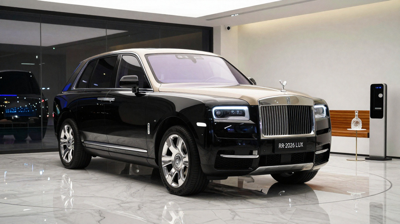 Carro de luxo preto estacionado em salão moderno com piso branco brilhante e decoração minimalista.