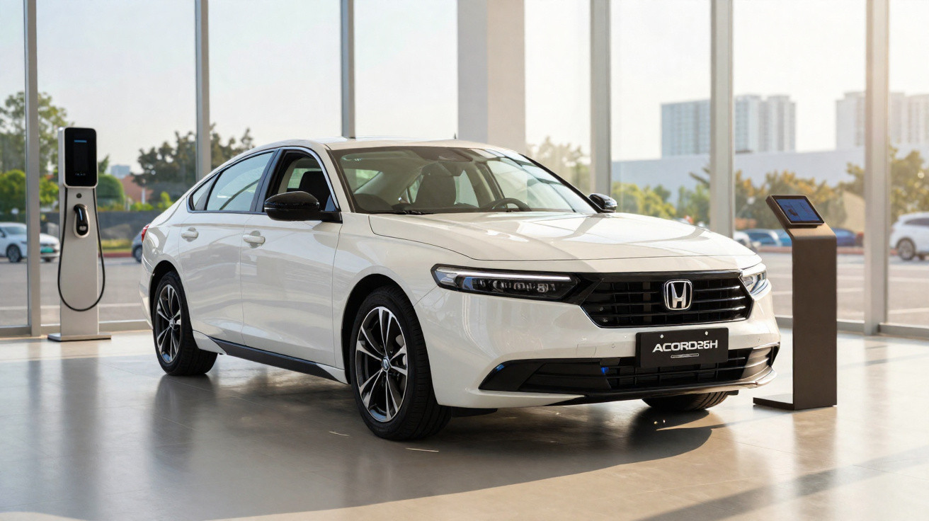 Carro branco Honda Accord híbrido estacionado em showroom moderno com paredes de vidro.