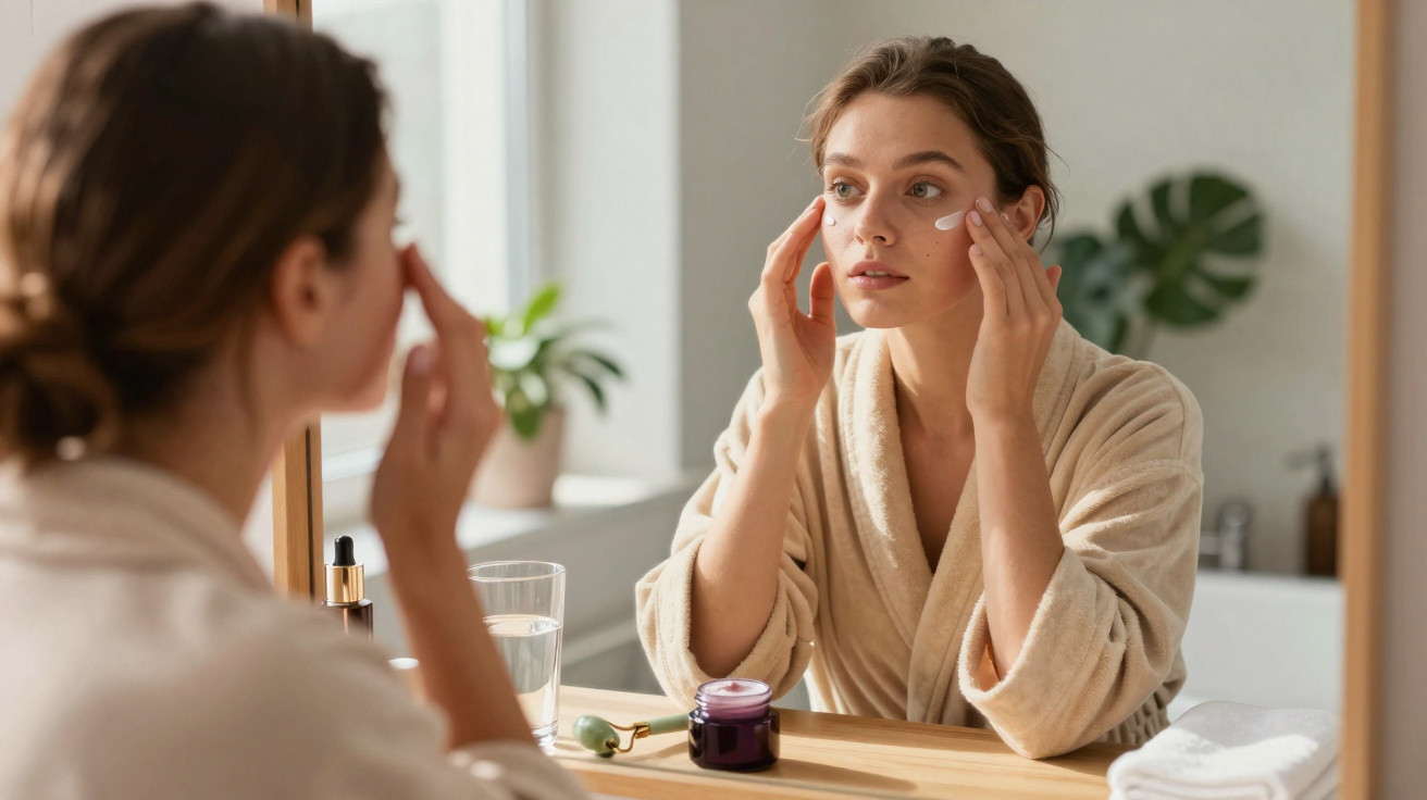 Mulher em robe aplicando creme facial ao redor dos olhos em frente ao espelho.