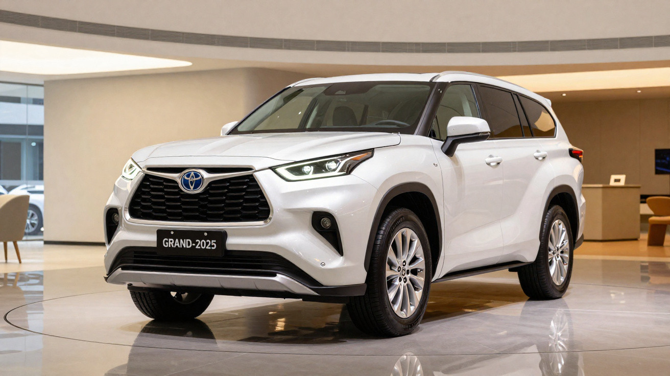 SUV branco Toyota Grand 2025 exibido em showroom moderno, com iluminação suave e ambiente elegante.