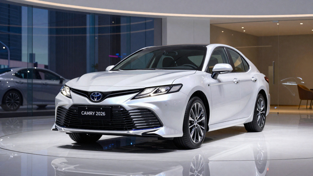 Carro sedan branco Toyota Camry 2026 exibido em showroom moderno e iluminado.