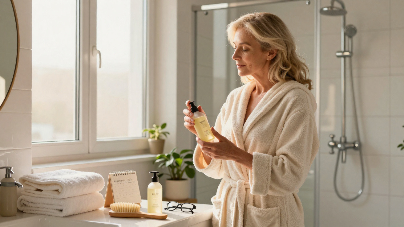 Mulher madura em roupão branco segurando frasco de cosmético em banheiro iluminado pela manhã.