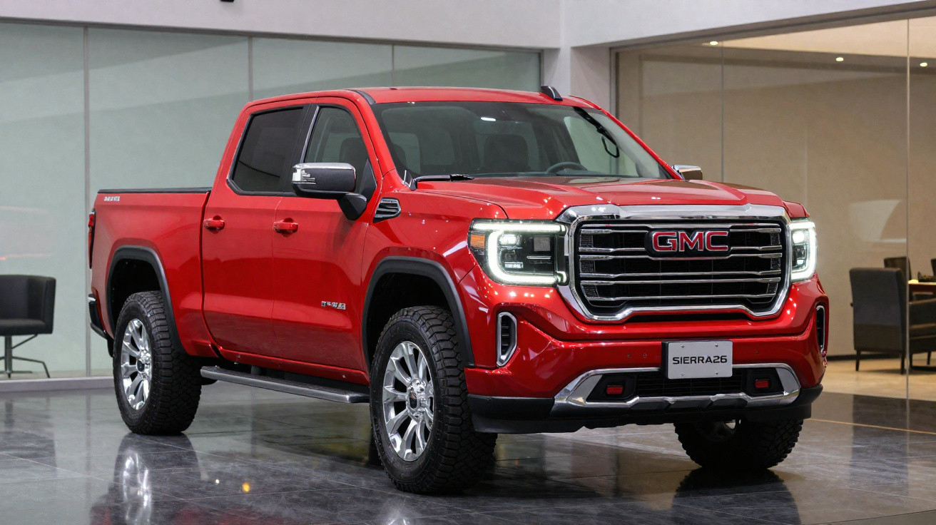 Picape vermelha GMC Sierra 26 estacionada em ambiente interno moderno.