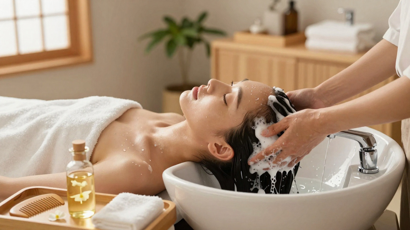 Mulher recebendo lavagem de cabelo com shampoo em spa, deitada com toalha branca.
