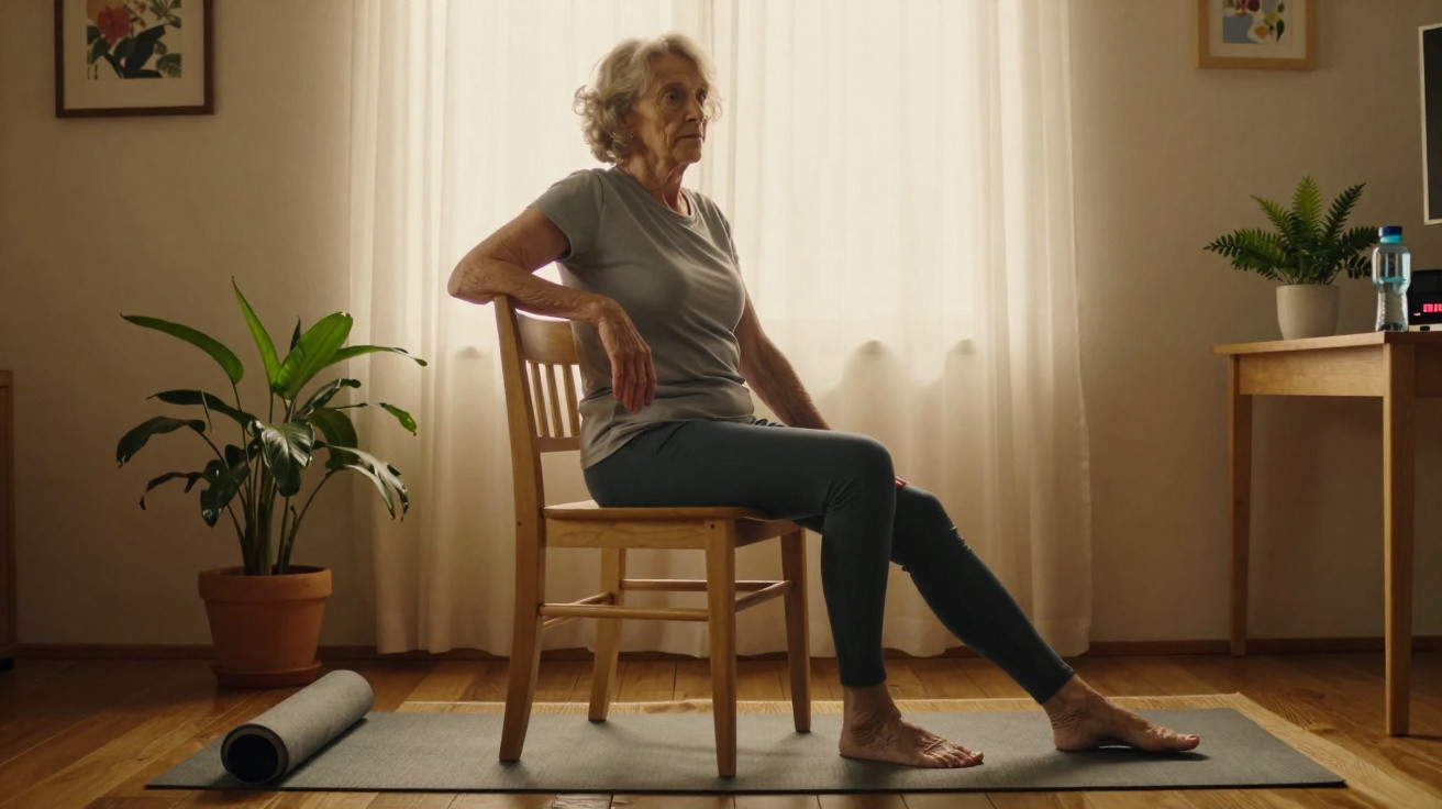 Mulher idosa fazendo exercício sentado em cadeira em ambiente interno com planta e tapete de yoga.