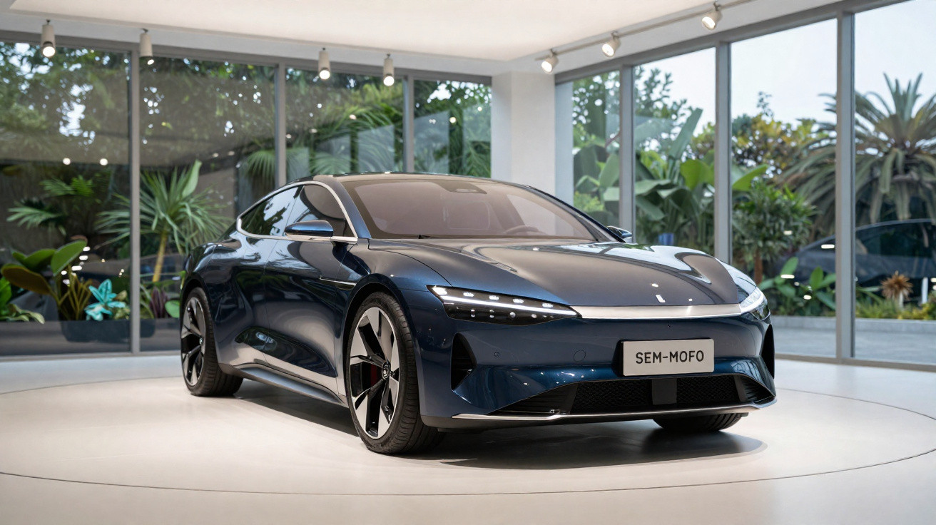 Carro elétrico esportivo azul em exposição em ambiente interno com grandes janelas e plantas ao fundo.