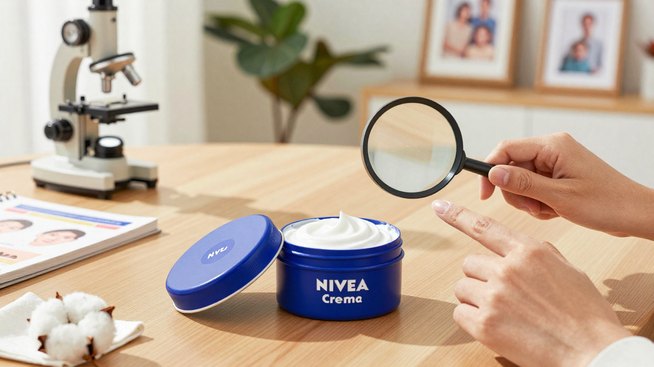 Pote aberto de creme Nivea azul com pessoa segurando lupa sobre dedo próximo ao creme em mesa de madeira.