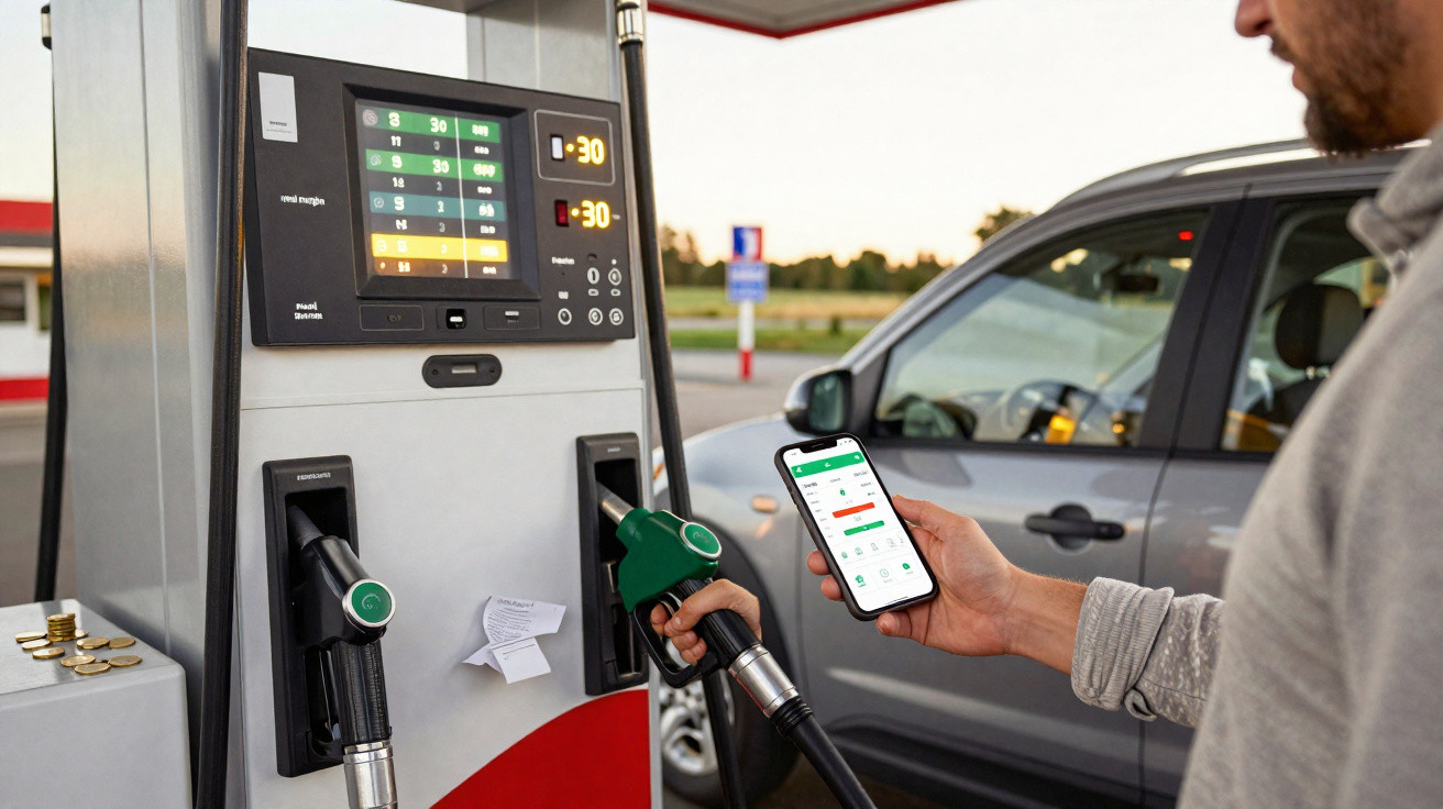 Homem segurando smartphone e bomba de combustível em posto de gasolina com carro ao fundo.