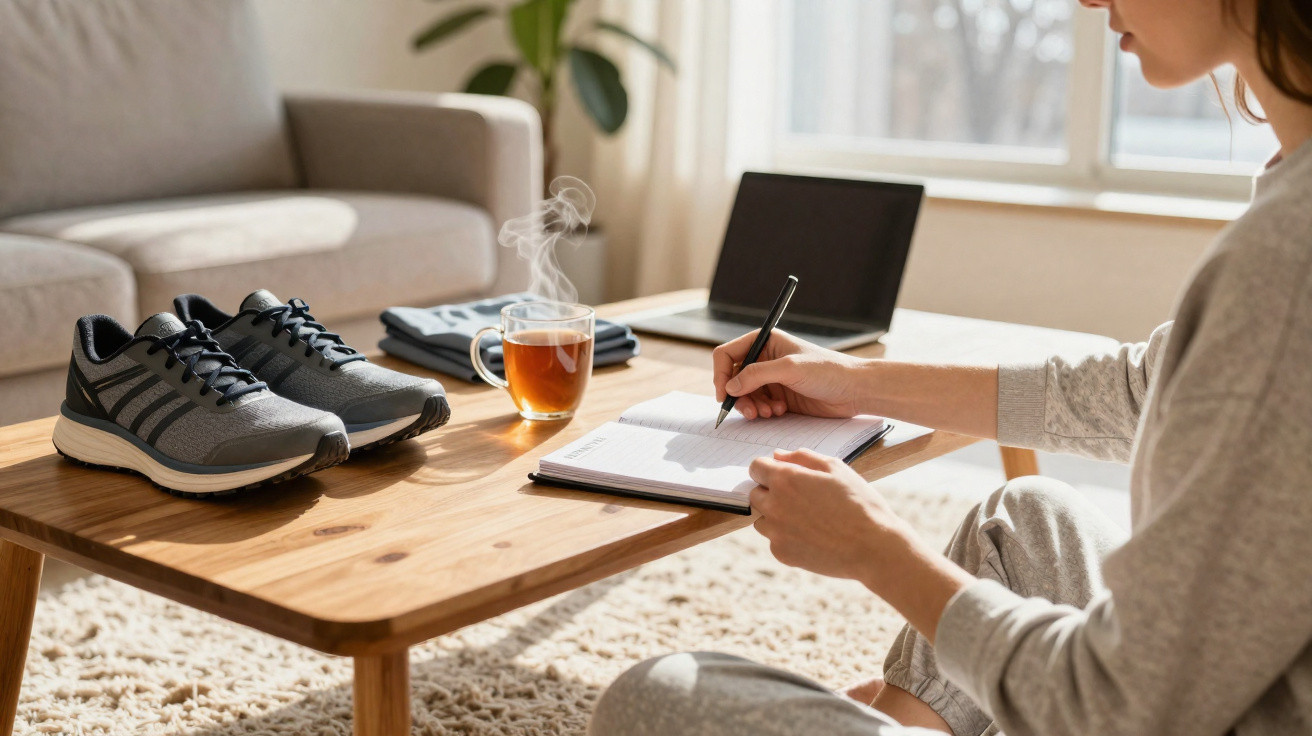 Pessoa escrevendo em caderno sentada no chão com tênis, chá quente e laptop sobre mesa de madeira.