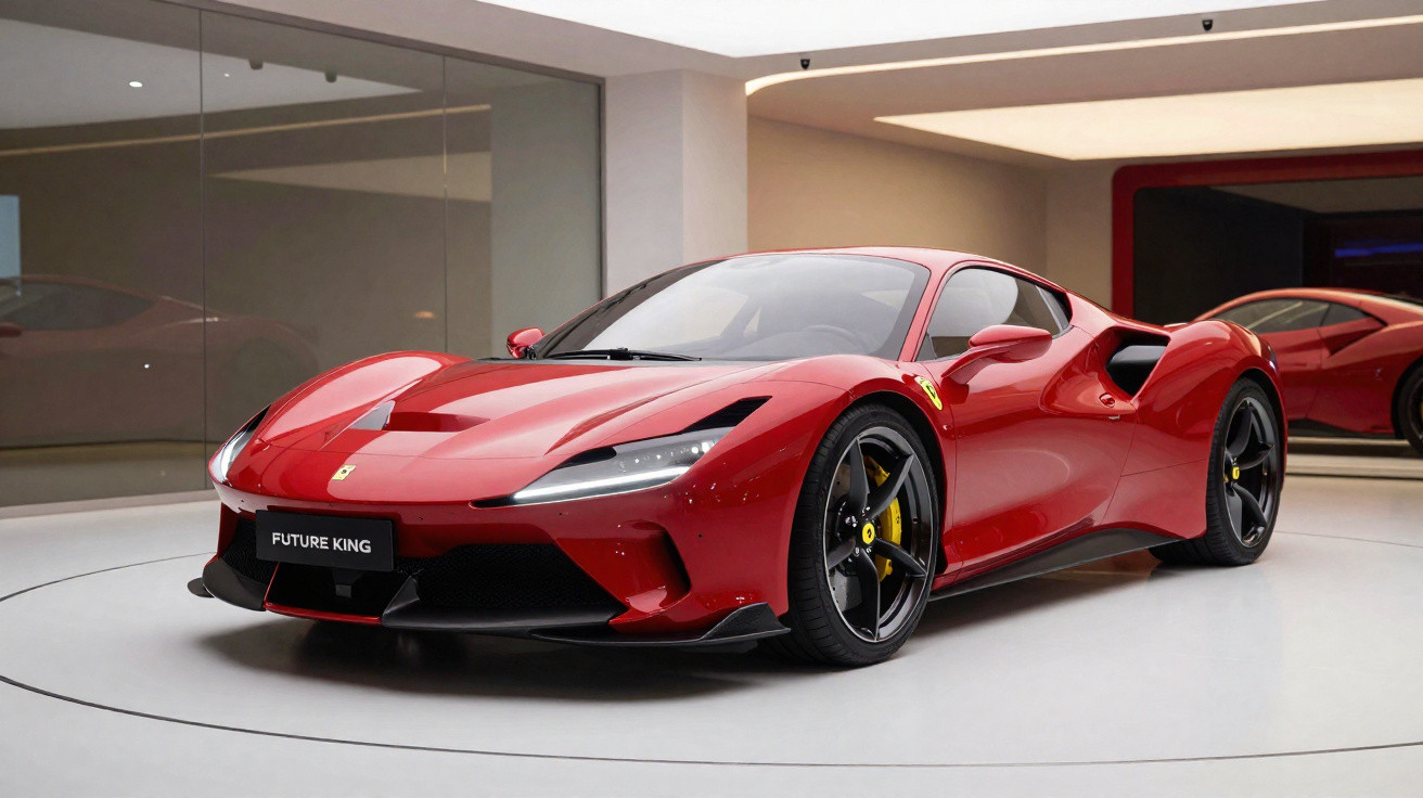 Carro esportivo vermelho Ferrari Futuro King em exposição em ambiente moderno e iluminado.