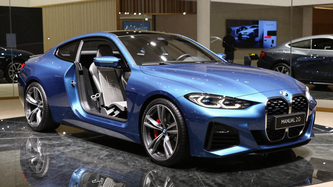 Carro esportivo azul BMW com porta aberta exibindo interior em salão automotivo moderno.