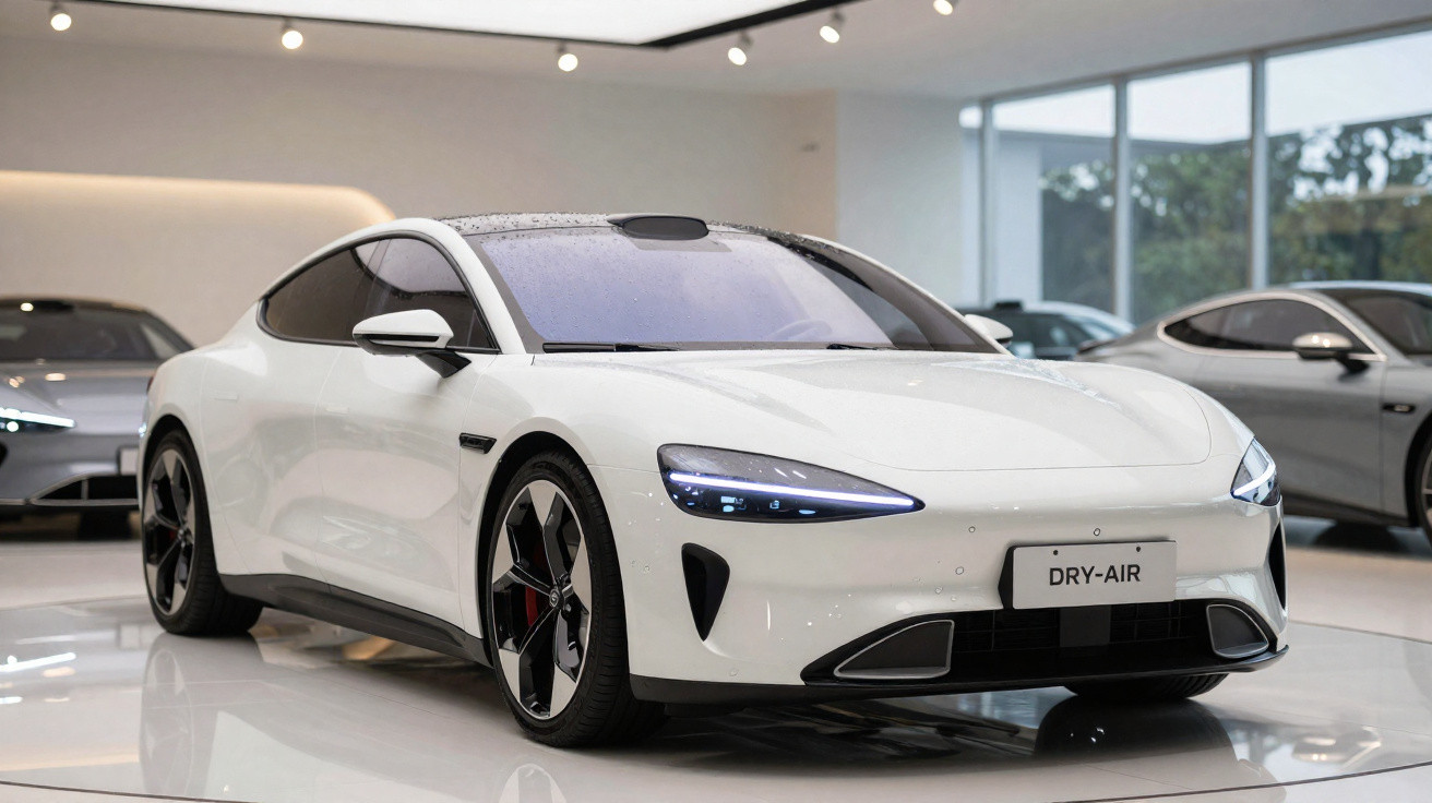 Carro elétrico branco modelo Dry-Air exibido em showroom moderno com iluminação interna.