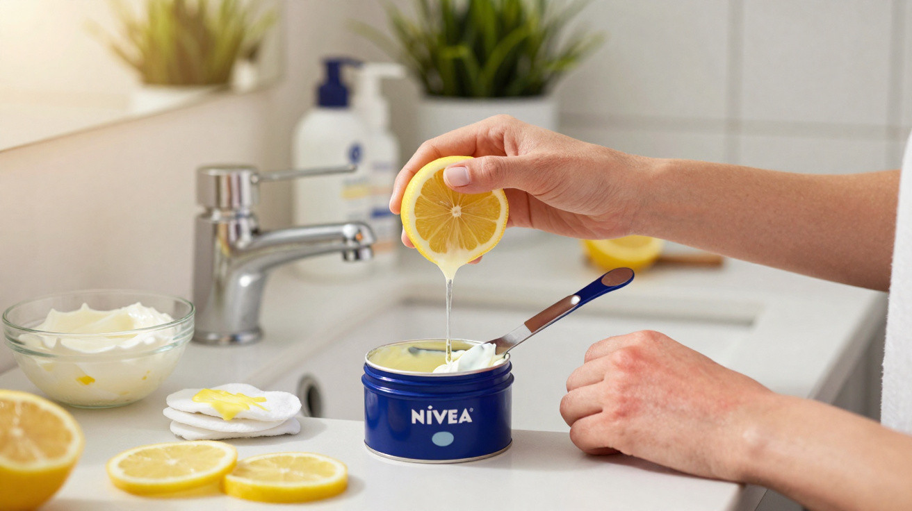 Pessoa espremendo limão em um pote de creme Nivea em bancada com fatias de limão e algodão.