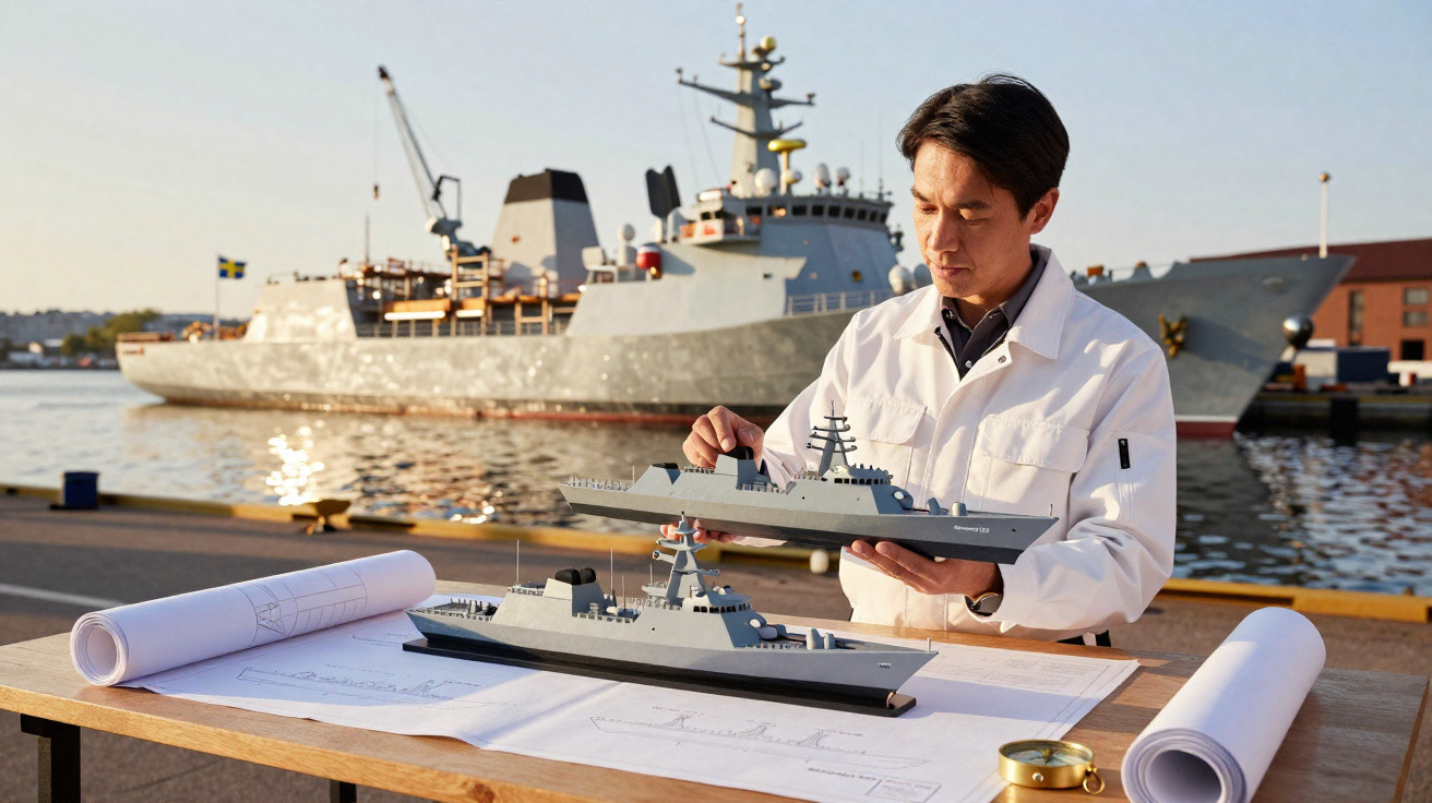 Homem em jaleco branco analisa modelo de navio militar à beira do porto com navio real ao fundo.