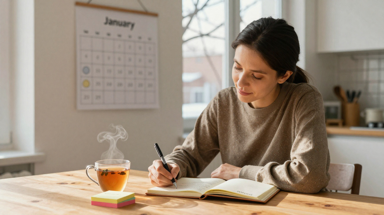 Mulher escrevendo em caderno à mesa com xícara de chá quente em ambiente iluminado pela luz natural.