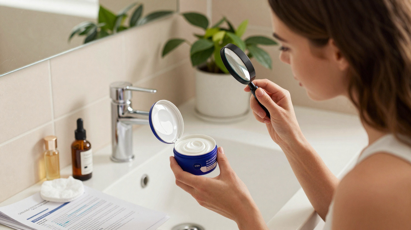 Mulher examina creme facial com lupa em banheiro, ao lado de pia, produtos e plantas.