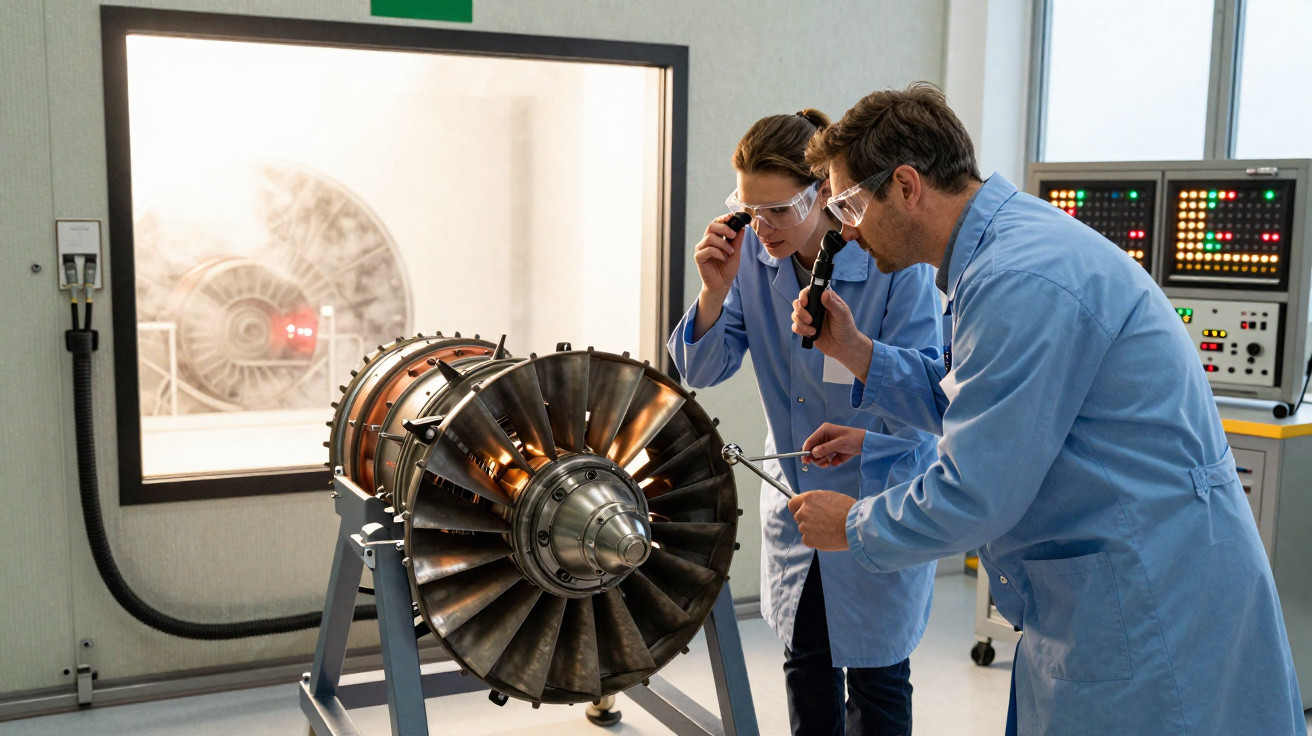 Dois engenheiros com jalecos e óculos de proteção analisam uma turbina em laboratório.