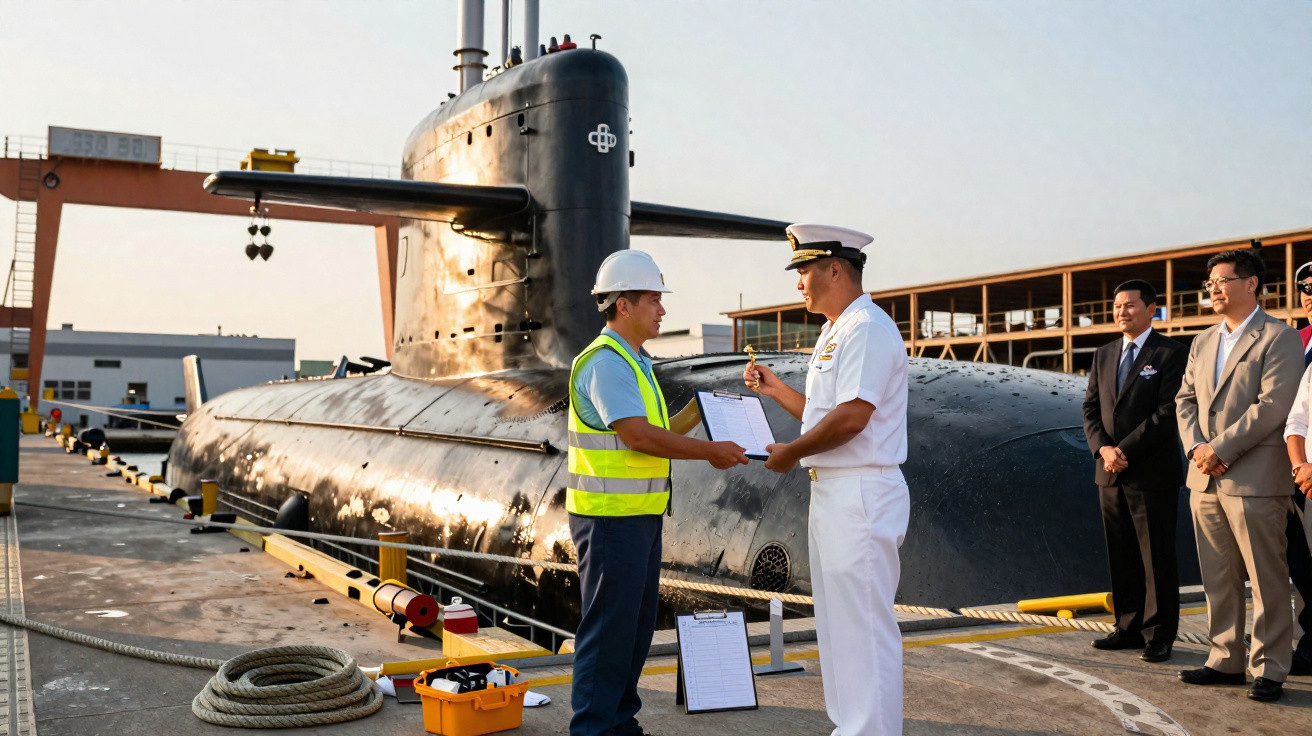 Homem de capacete e colete entregando documento a oficial naval próximo a submarino preto atracado.