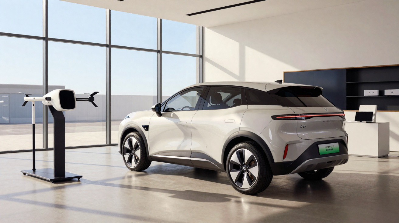 Carro elétrico branco em showroom moderno com grande janela de vidro e estação de recarga ao lado.
