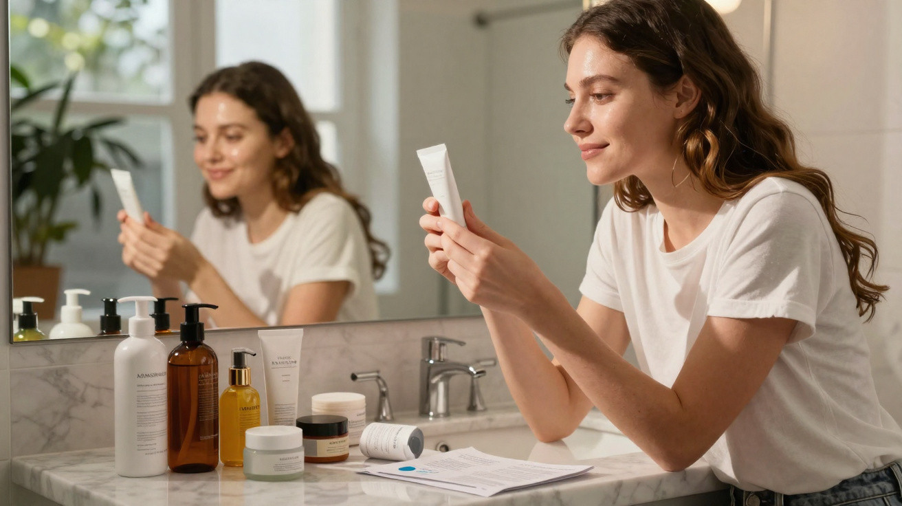 Mulher sorrindo lendo rótulo de produto de skincare em banheiro com diversos cosméticos na pia.