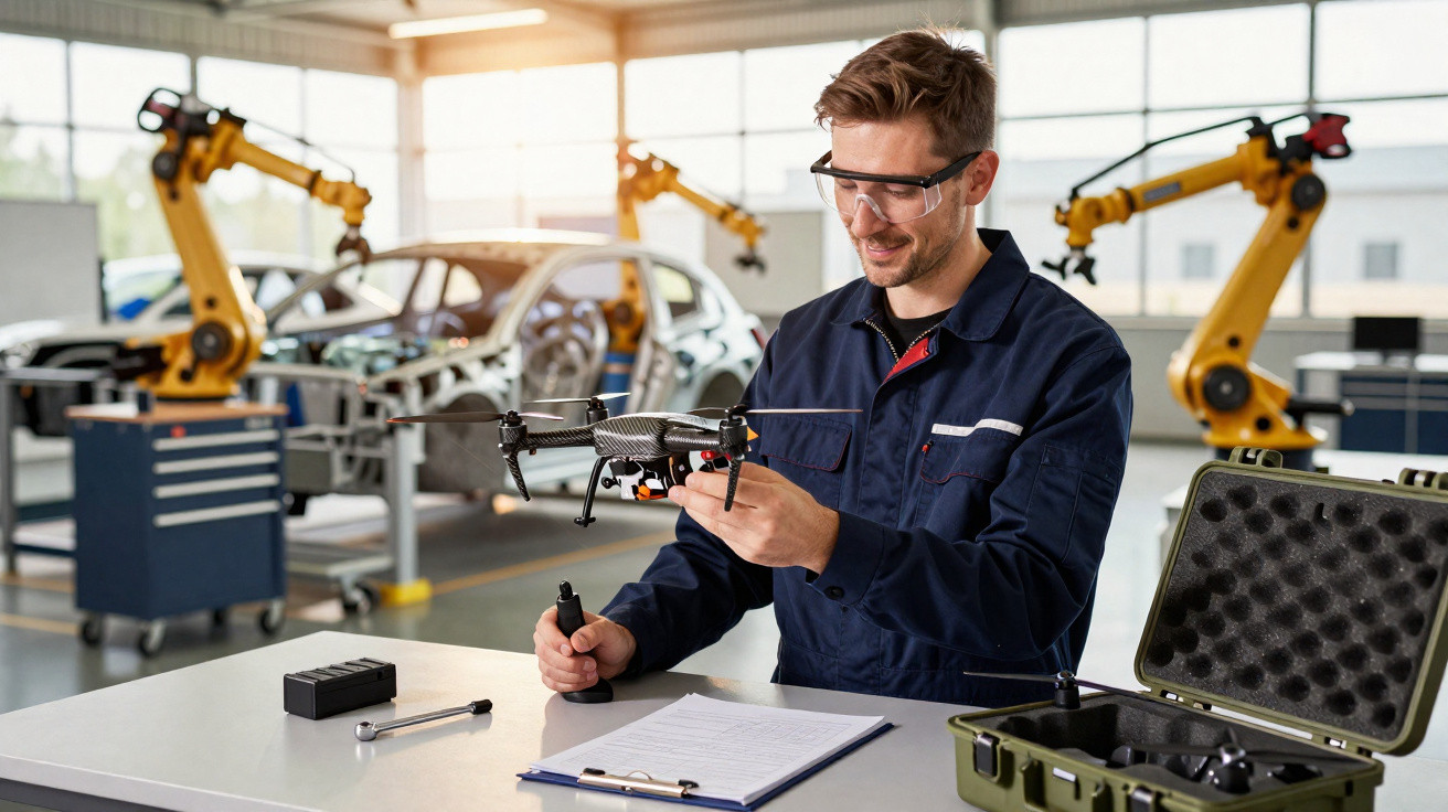 Engenheiro ajusta drone em oficina moderna com braços robóticos e carro ao fundo.