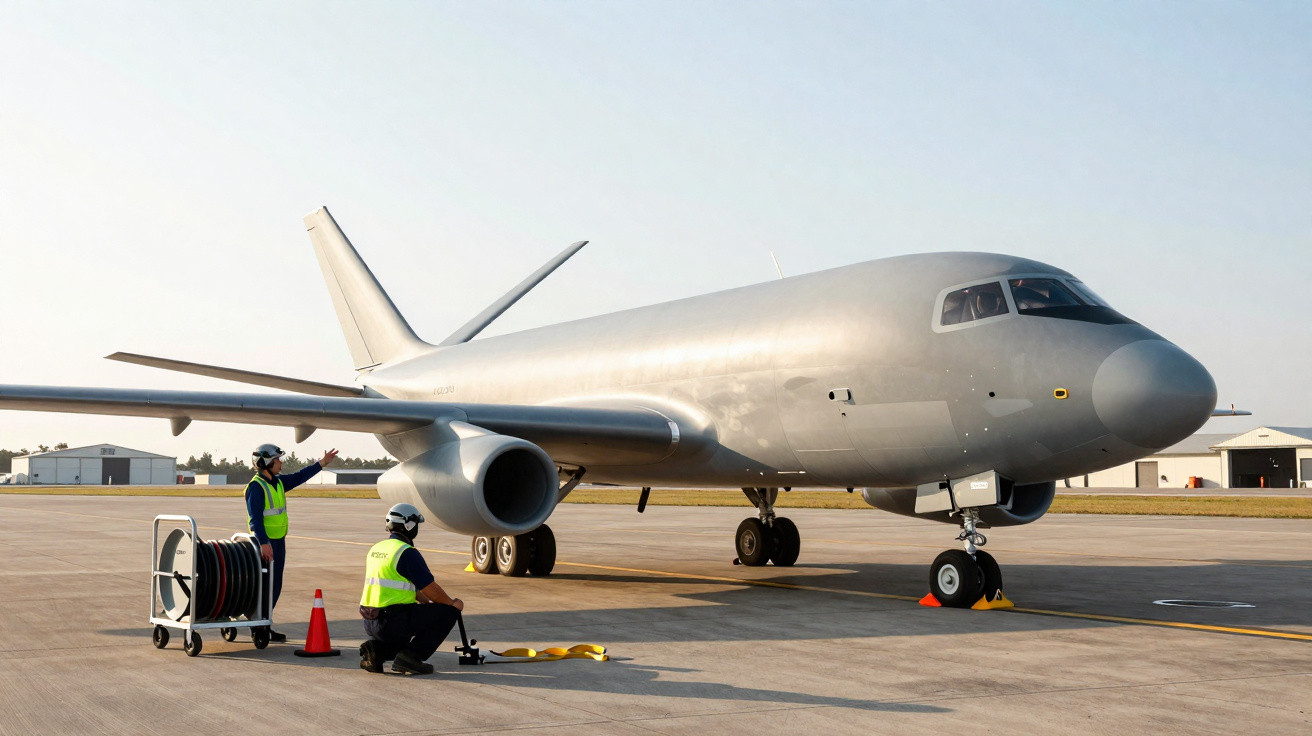 Avião cinza estacionado no pátio com duas pessoas em coletes de segurança realizando manobras.