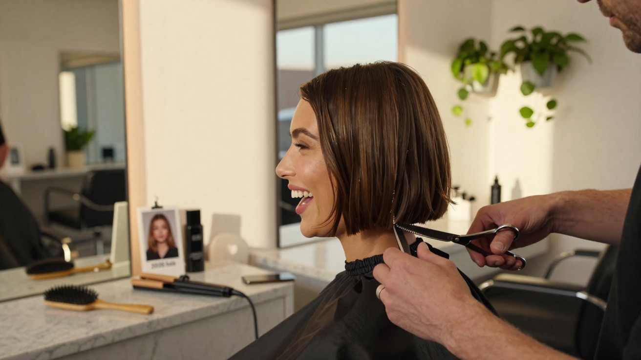 Mulher sorrindo enquanto é atendida por cabeleireiro que corta seu cabelo curto em salão moderno.