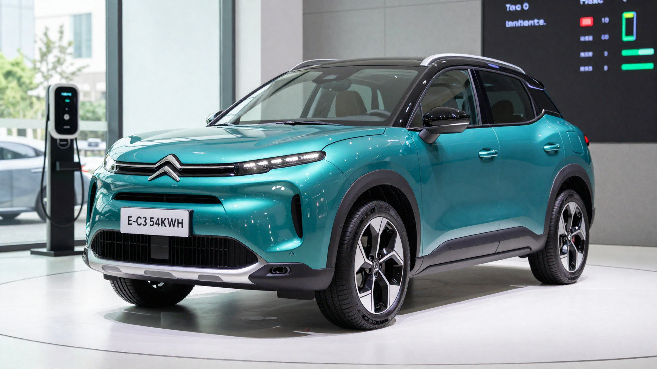 Carro elétrico Citroën E-C3 azul exposto em ambiente interno com estação de recarga ao fundo.