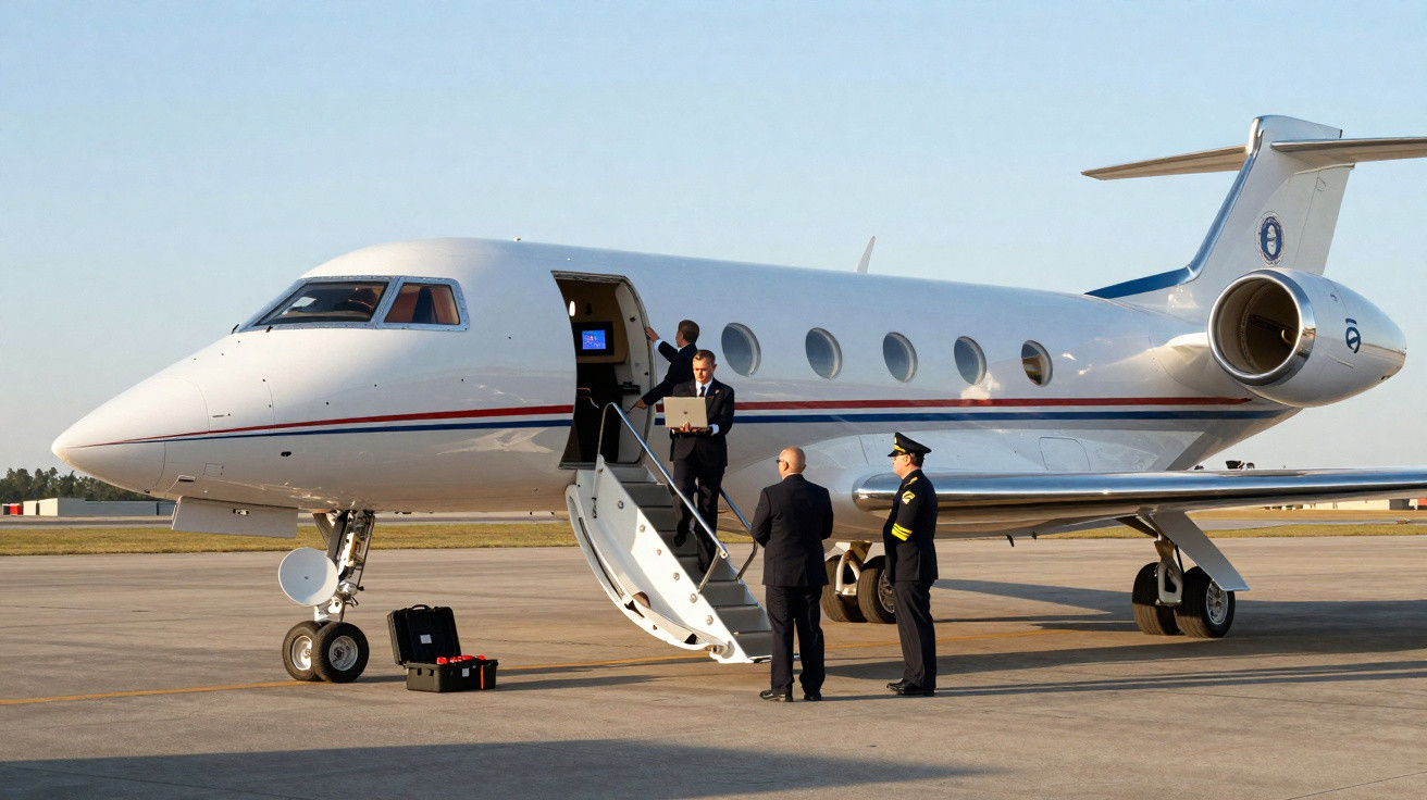 Avião executivo branco estacionado no aeroporto com três homens em traje formal e escada aberta.