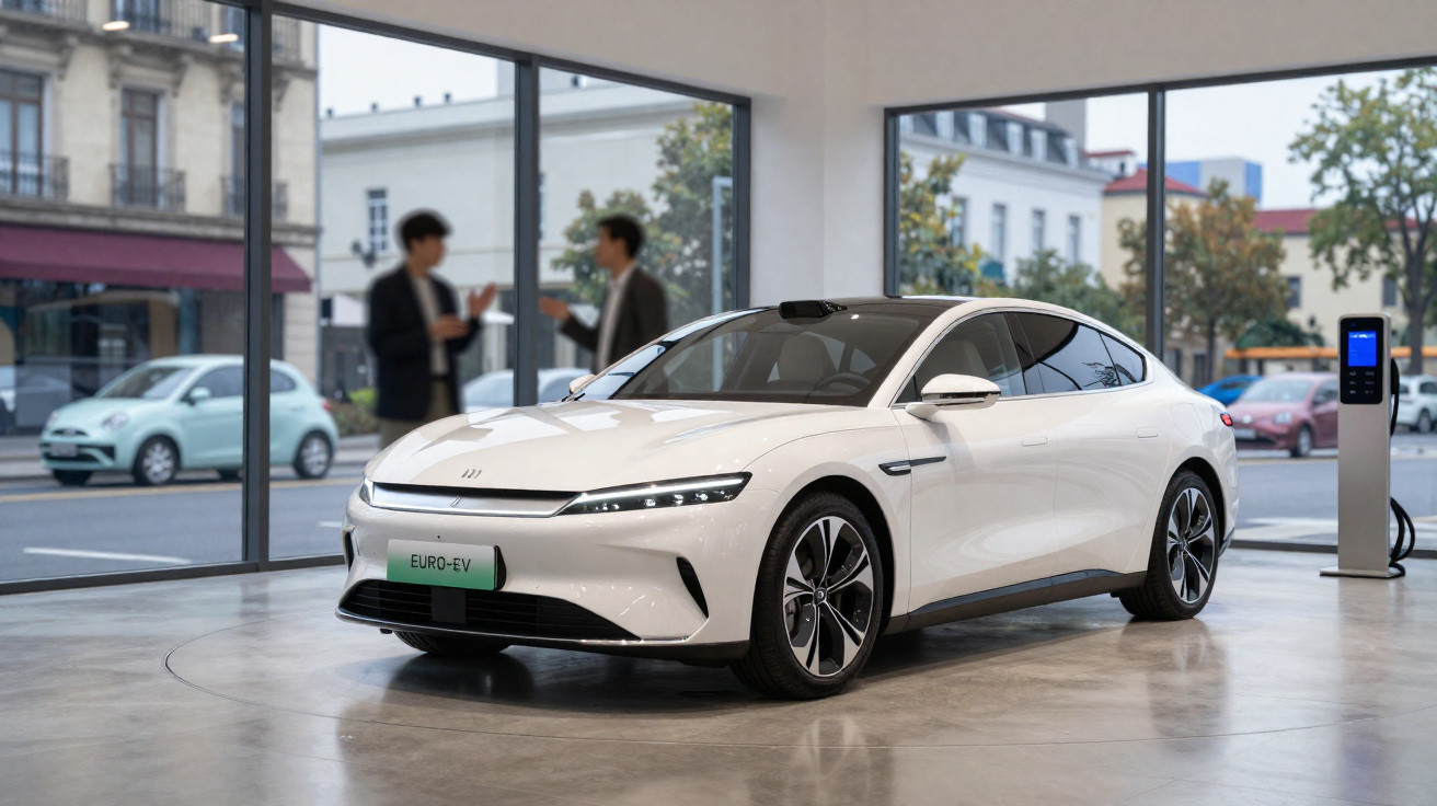Carro elétrico branco modelo Euro-EV exposto em showroom moderno com pessoas ao fundo e estação de recarga.