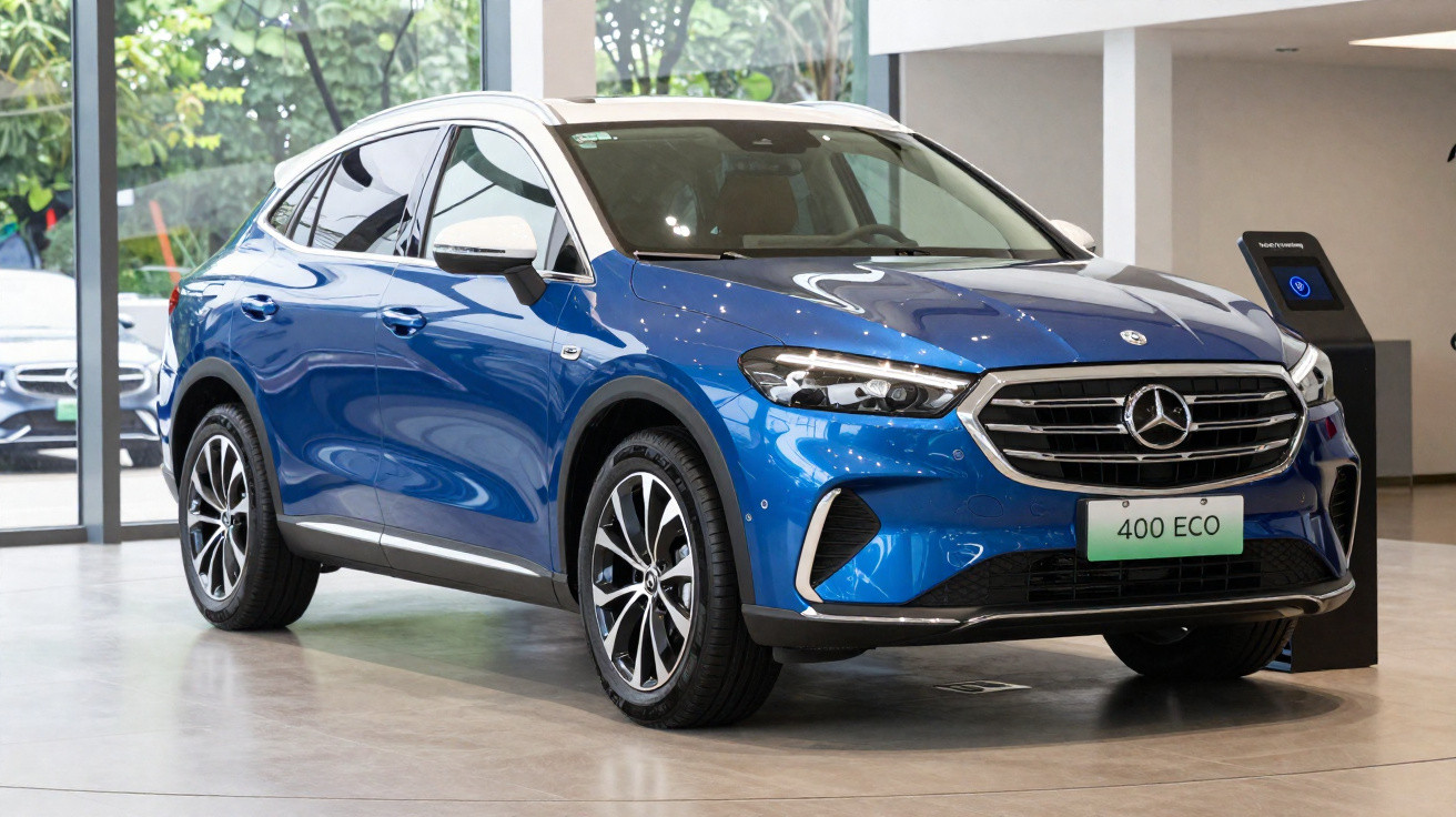 Carro SUV elétrico Mercedes-Benz 400 ECO azul exibido em showroom moderno e iluminado.