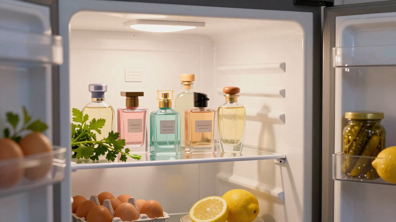 Interior de geladeira com perfumes, ovos, limões e um vidro de pepinos em conserva.