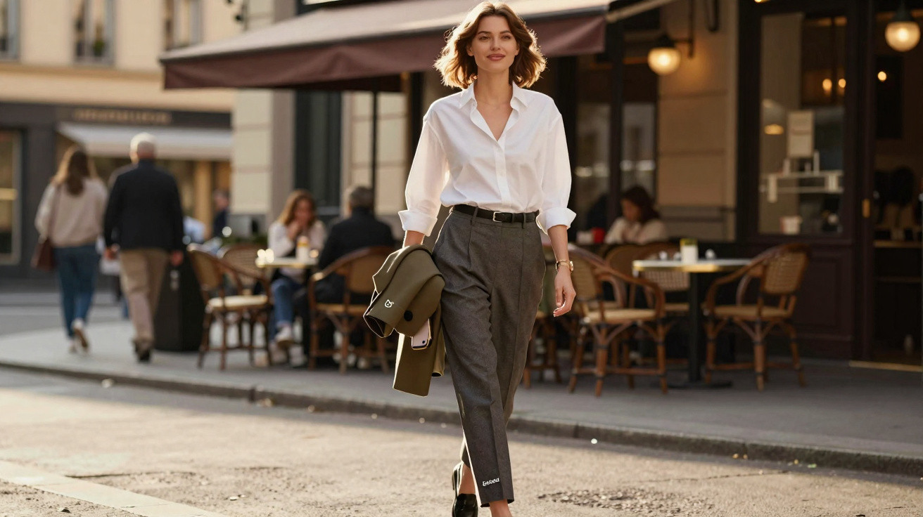 Mulher caminhando na rua com blusa branca, calça cinza e casaco verde na mão, restaurante ao fundo.
