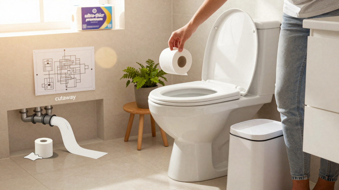 Banheiro com vaso sanitário branco, pessoa segurando papel higiênico e planta em vaso sobre banco de madeira.