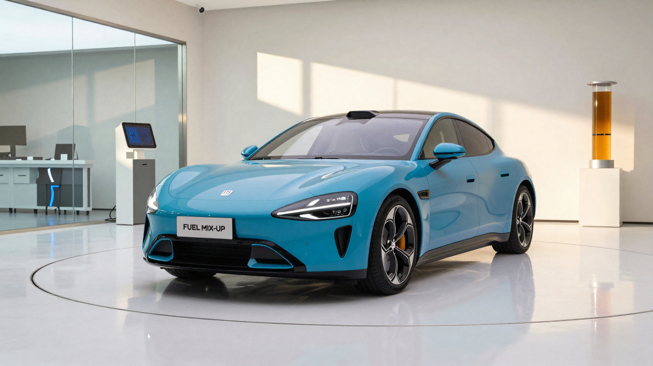 Carro esportivo elétrico azul em ambiente moderno com piso branco e parede de vidro ao fundo.
