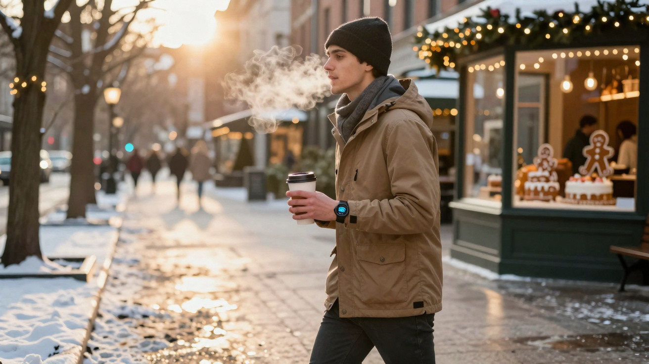 Homem com roupa de inverno caminhando na rua gelada, segurando copo e soltando vapor pela boca.