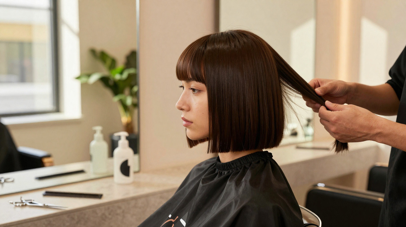 Mulher com cabelo curto sendo penteada em salão de beleza com espelho e produtos ao fundo.