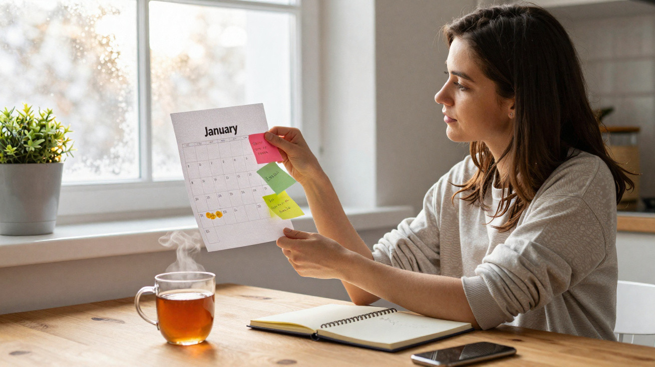 Mulher sentada à mesa olhando calendário com post-its, ao lado de xícara de chá e caderno aberto.