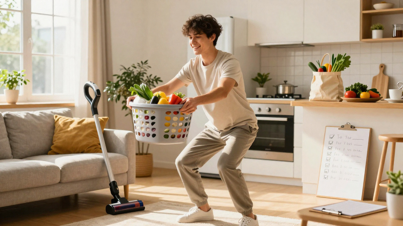 Jovem feliz segurando cesta de frutas e legumes na sala próxima à cozinha iluminada e organizada.